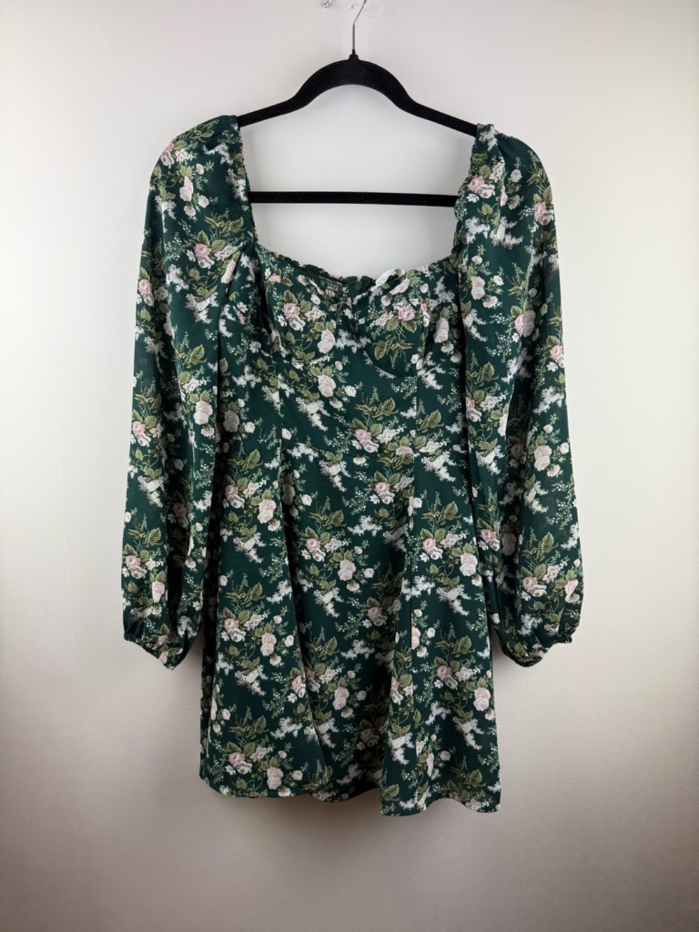 OAK + FORT Dark Green Floral Smocked Mini Dress XS
